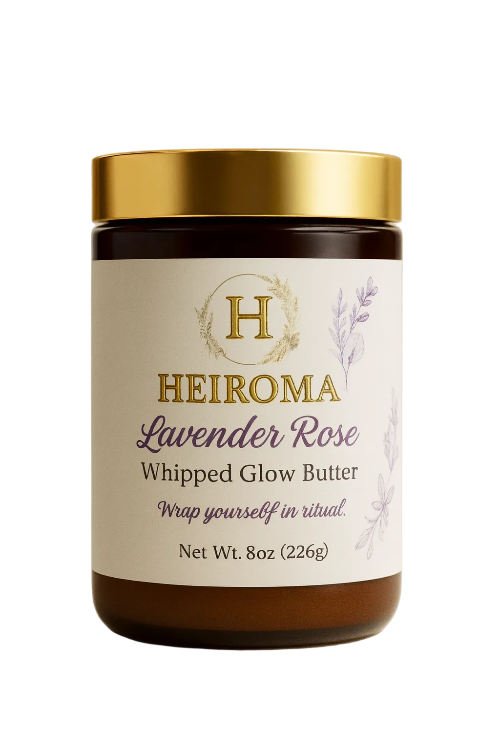 A jar of Heiroma Lavender Rose Whipped Glow Butter with a gold lid and cream label, set against a warm beige background with lavender sprigs in the foreground.